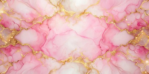 Abstract pink and gold watercolor stains texture with symmetrical pink marble design