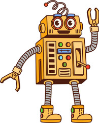 Cartoon retro groovy robot character features square body with colorful buttons and dials, flexible arms and legs, and a friendly face with large, expressive eyes, exude nostalgic sci-fi vibe of 1980s