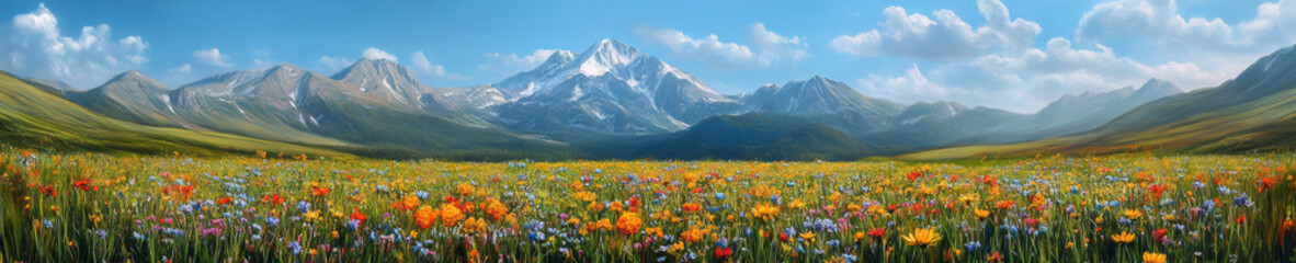 vibrant panoramic view of mountain meadow filled with colorful wildflowers under clear blue sky. majestic mountains in background create serene and picturesque landscape