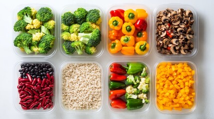 A variety of vegetables are displayed in plastic containers, including broccoli
