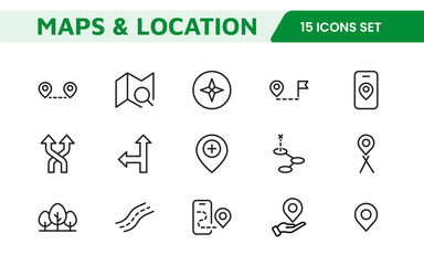 Maps Icon Set. Versatile and visually appealing icons for navigation, location services, and travel apps, designed to enhance user experience and make exploring the world more intuitive and enjoyable.
