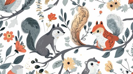 Obraz premium Whimsical seamless pattern with cartoon-style animals like squirrels and birds, combined with blooming flowers and green vines, suitable for nursery decor and fabric prints