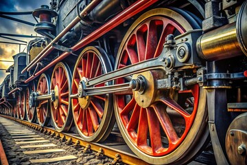 Fototapeta premium Captivating Close-Up of the Intricate Wheels and Rods of a Steam Locomotive Showcasing Engineering Marvels and Historical Significance