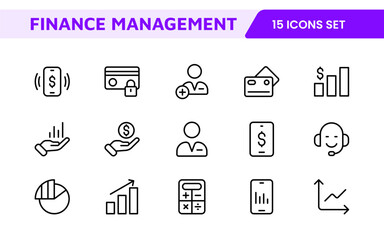 Finance Management Icon Set. Professional and sleek icons for budgeting, expense tracking, and investment management, ideal for finance apps.