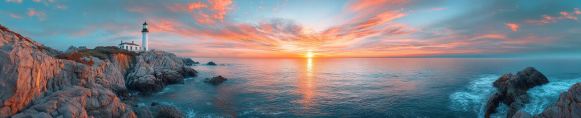 Fototapeta premium stunning panoramic view of coastal cliffside at sunset, featuring lighthouse. vibrant colors of sky reflect on calm ocean waters, creating serene atmosphere