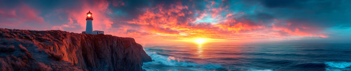 Fototapeta premium stunning panoramic view of coastal cliffside with lighthouse, vibrant sunset colors reflecting on ocean waves, creating serene and picturesque scene