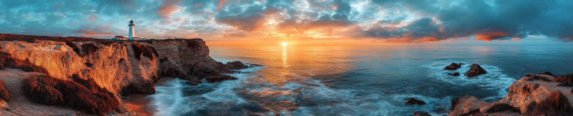 stunning panoramic view of coastal cliffside at sunset, featuring lighthouse. vibrant colors of sky reflect on calm ocean waters, creating serene atmosphere