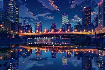 Fototapeta premium Nighttime Cityscape with a Bridge and Reflections. Anime Illustration Style.
