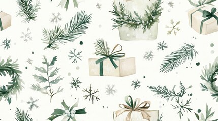 Watercolor winter seamless pattern with green branches, gifts and snowflakes on white background.