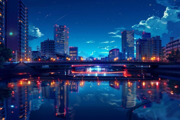 Fototapeta premium Nighttime Cityscape with Reflections in a River. Anime Illustration Style.