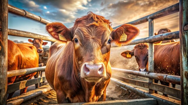 Captivating Double Exposure of a Red Angus Cow in Chute on a Working Cattle Ranch, Showcasing Ranch Life and Animal Husbandry in Stunning Detail