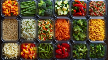 A variety of vegetables are displayed in plastic containers, including broccoli