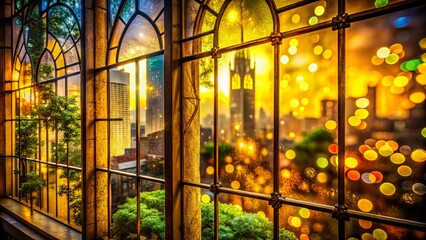 Captivating Double Exposure Photography Featuring a Yellow Stained Window Merging Nature and Urban Elements for a Unique Artistic Perspective