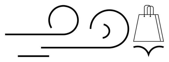 Twirling black lines with shopping bag outline suggesting breezy shopping experience. Ideal for retail, ecommerce, promotions, marketing, delivery services, fashion brands, advertising. Line metaphor