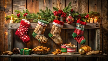 Fototapeta premium Cozy Christmas Stockings Filled with Gifts, Cookies, and Festive Decor on a Shelf Bathed in Warm Low Light for a Magical Holiday Atmosphere