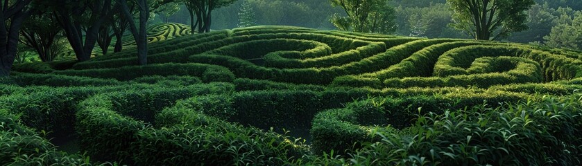 An intricate living maze created by hedges that move silently at night