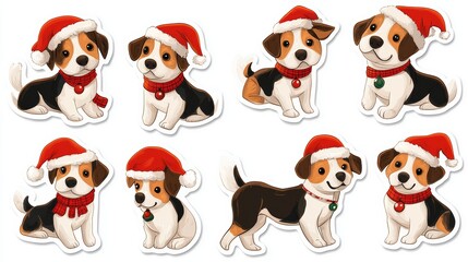 Obraz premium Stickers of Christmas light string dogs in various pose with Santa hat and scarves