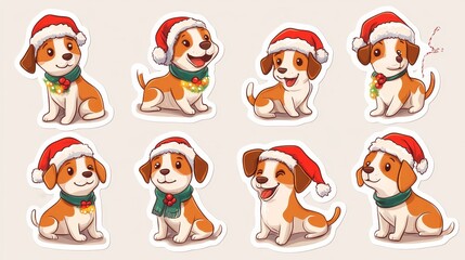 Stickers of Christmas light string dogs in various pose with Santa hat and scarves