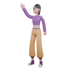 3D Animated Dance Character. A female dancer stands facing right with her right hand pointing up. Creative Performer