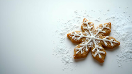 A beautifully decorated snowflake-shaped gingerbread cookie, adorned with white icing details and sprinkled with powdered sugar. Capturing the essence of winter and festive baking.