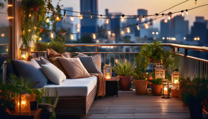Fototapeta premium Cozy Urban Balcony with Plants and String Lights