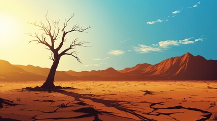 Solitary Dead Tree in a Dry, Cracked Desert Landscape