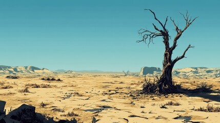 A Single Dead Tree Stands in a Barren Desert Landscape