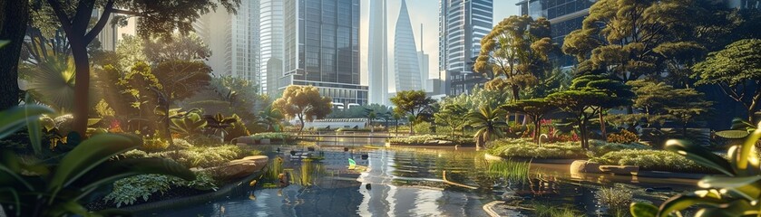Obraz premium An urban oasis where holographic wildlife roams among the skyscrapers