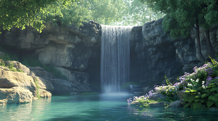 A tranquil secret waterfall tucked away in a secluded glade, with crystal-clear water flowing into a serene pool below 