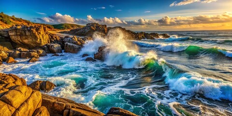 Fototapeta premium Captivating Product Photography of Sea Waves Rolling Over Rocky Shoreline - A Natural Beauty for Coastal Decor and Ocean-Themed Crafts