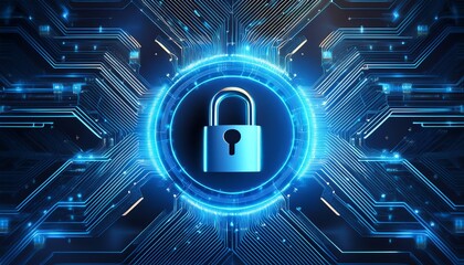 A digital padlock surrounded by glowing circuits symbolizes cybersecurity and data protection in a high-tech environment.