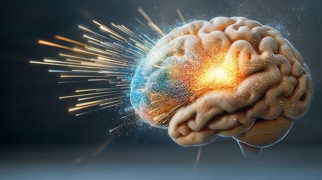 The concept art depicts a human brain exploding with vibrant colors, symbolic of the vast amounts of knowledge and creativity being generated by a generative AI