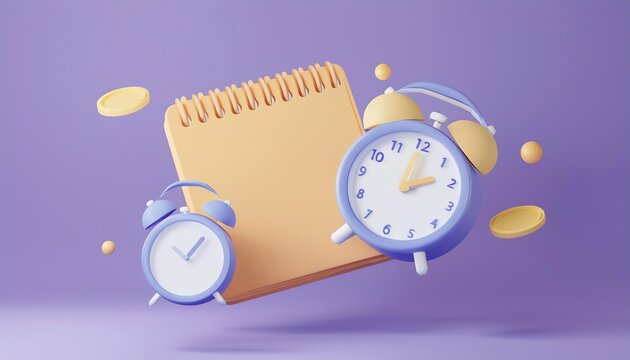 A vibrant scene featuring a notepad and two alarm clocks, symbolizing time management and organization against a purple background.