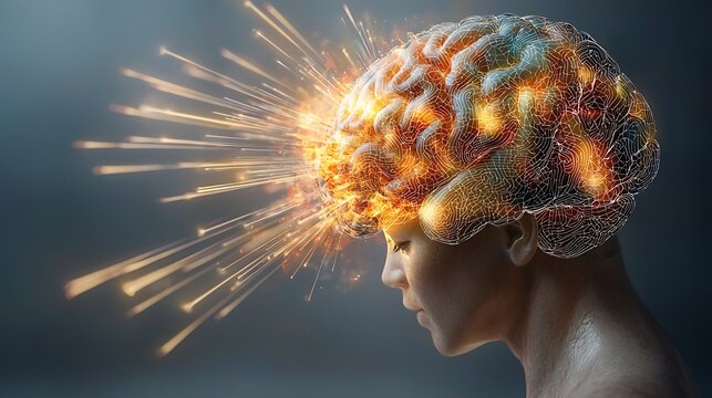 The concept art depicts a human brain exploding with vibrant colors, symbolic of the vast amounts of knowledge and creativity being generated by a generative AI