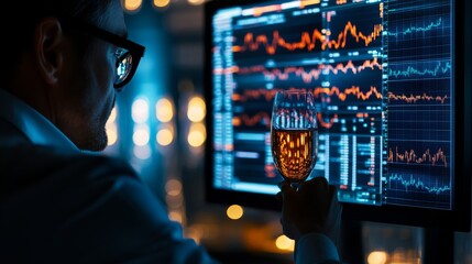 A professional analyzing data on multiple screens while holding a glass of champagne, set in a modern, tech-inspired environment.