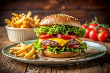 Delicious Hamburger with Fresh Lettuce and Tomato on a Bun Served with Crispy French Fries on a Paper Plate for Mouthwatering Food Photography