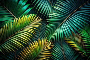 Captivating Top View of Palm Leaves Against a  Background in Low Light, Perfect for Tropical Themes and Nature-Inspired Designs, Ideal for Creative Projects and Wallpaper Use