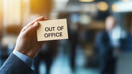 Businessman Holding 'Out of Office' Sign in Blurred Office Environment