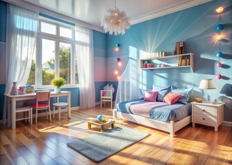 Charming Double Exposure Photography of a Colorful Child's Bedroom with Blue and Pink Walls, Kids Toys, and a Bright Atmosphere for Real Estate and Renovation Inspiration