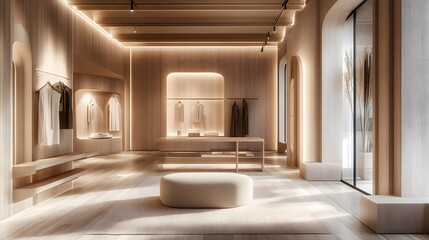 20. A Scandinavian-inspired room with neutral tones, soft lighting, and an empty section for a product