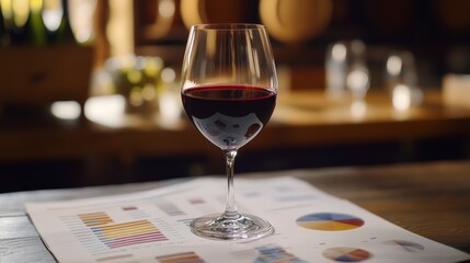 A close-up of a red wine glass set on a table with charts and graphs, suggesting a wine tasting or evaluation context.