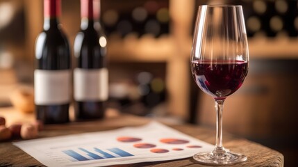 A glass of red wine on a wooden table, accompanied by two wine bottles and a report with colorful charts in a warm, inviting setting.