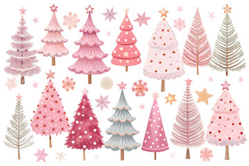 Set of pink Christmas trees isolated on white background. Ai generated image