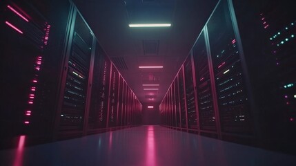Fototapeta premium Futuristic Data Center Hallway with Glowing Lights