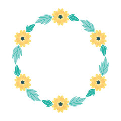 Round flower frame. Round frame with flowers around the perimeter. Delicate yellow flowers. Vector illustration.