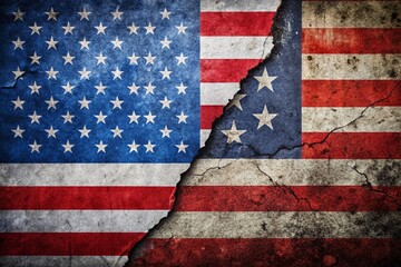 Fototapeta premium Distressed American and Russian Flags on Grunge Background Representing Cold War Rivalry and Current Geopolitical Tensions in a Long Exposure Art Style