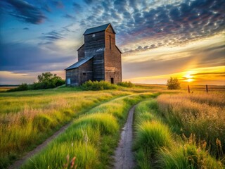 Grass Trail to Abandoned Wooden Grain Elevator in Summer Prairie Landscape, Low Light Photography, Rustic Charm, Nature's Beauty, Vintage Structures, Tranquil Scene, Grain Storage.