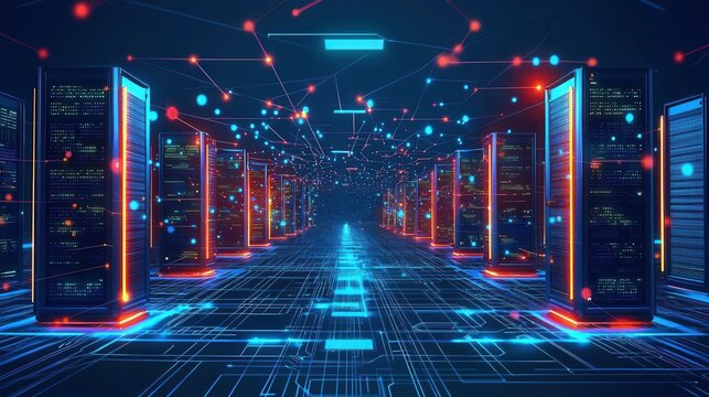 A futuristic data center showcasing advanced server technology and digital connections.