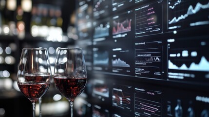 Two elegant glasses of red wine sit in front of a digital screen displaying various data visuals and charts, creating a sophisticated atmosphere.