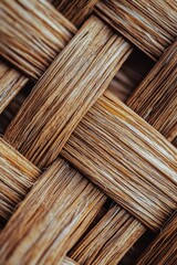 Close-up of woven rattan fabric, texture detail. Woven jute rug with natural fiber background